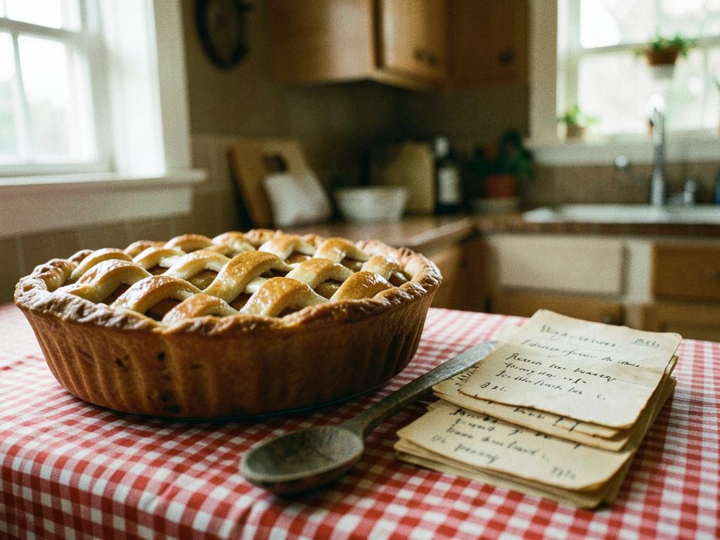 A golden lattice-top apple pie beside handwritten recipe cards on a gingham tablecloth