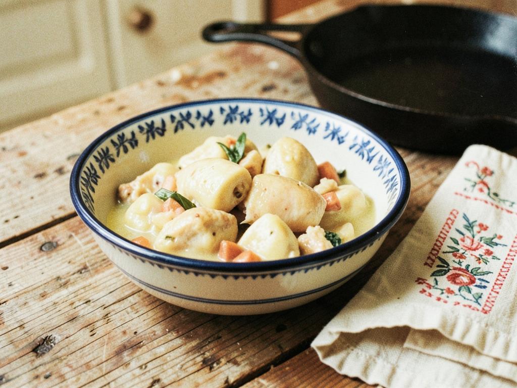 Chicken and dumplings in a blue-banded stoneware bowl on a farmhouse table